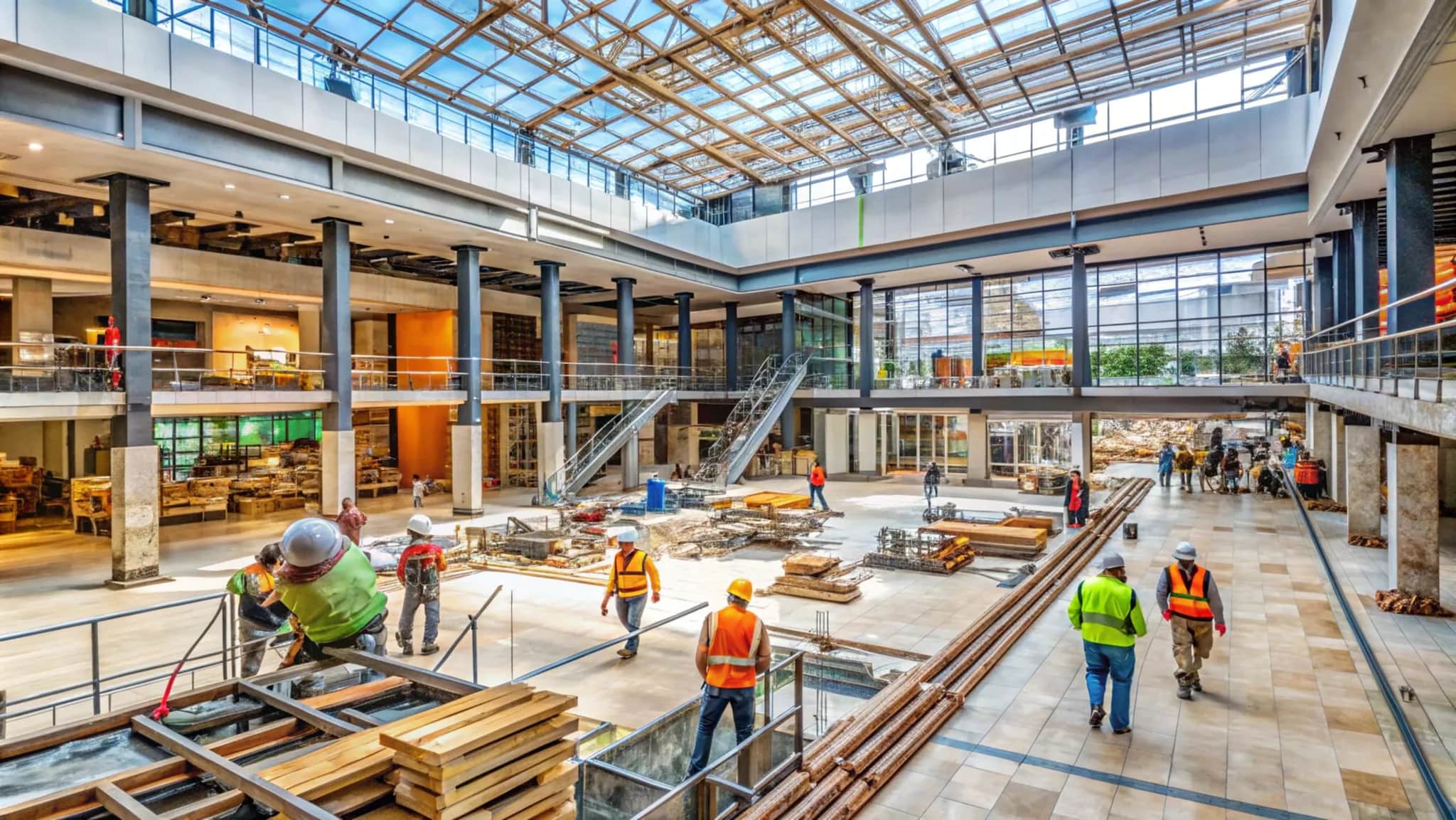 The bright interior atrium of a large commercial building being fitted out