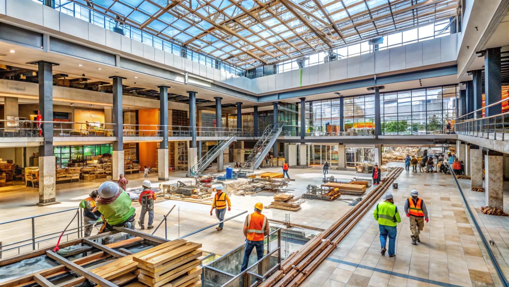 The bright interior atrium of a large commercial building being fitted out