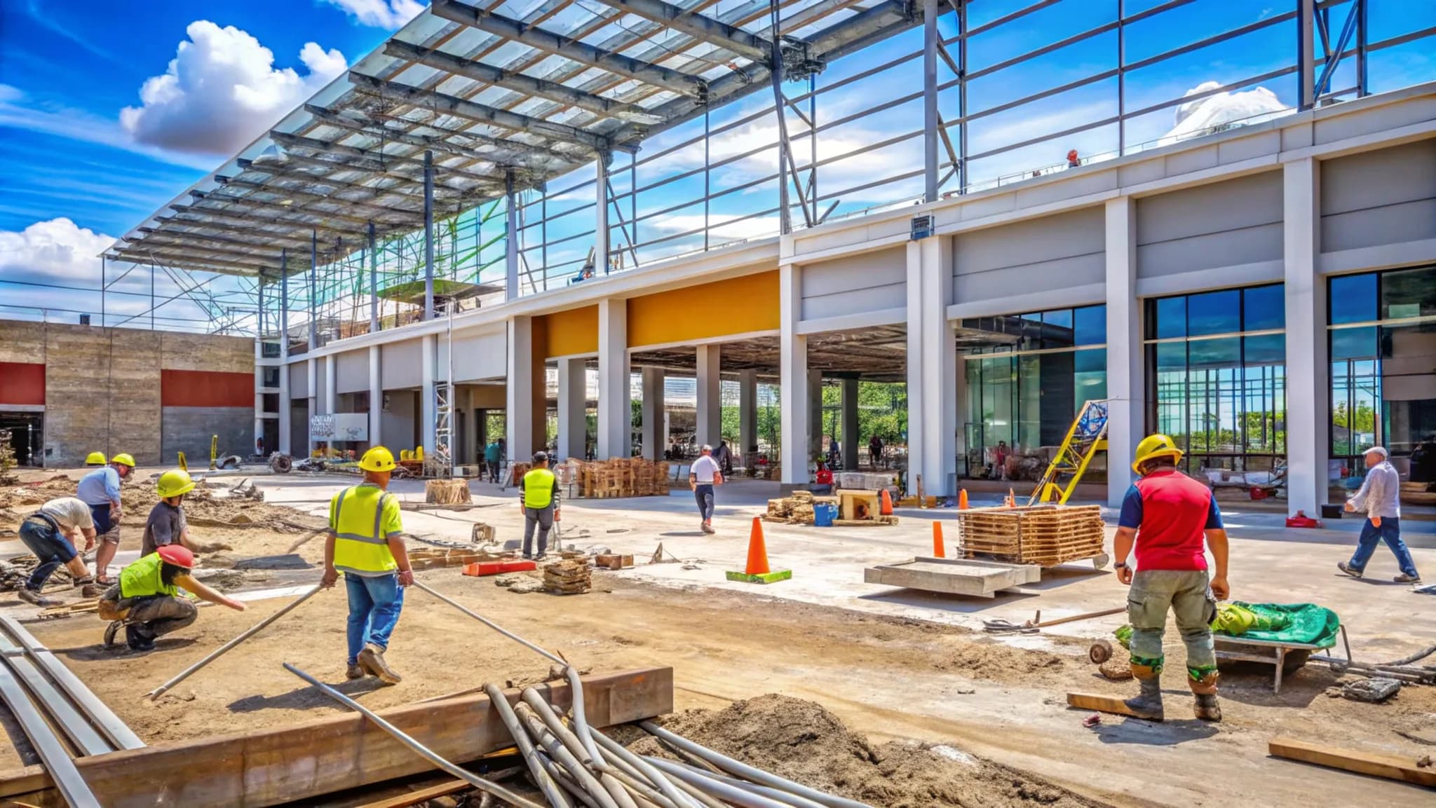 Workers fitting out the wide interior of a commercial building
