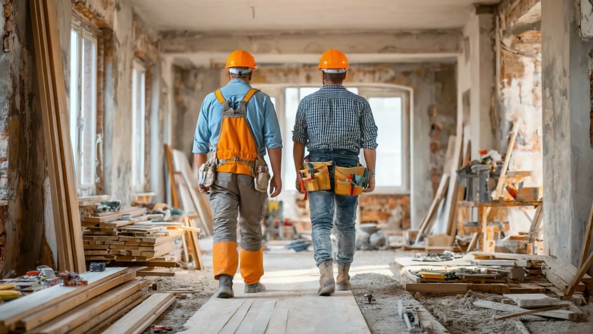 Two construction workers walking through a light-filled interior renovation