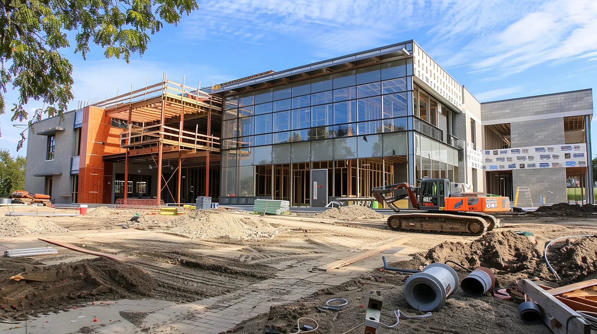 A modern commercial building under construction with a wood-and-glass facade