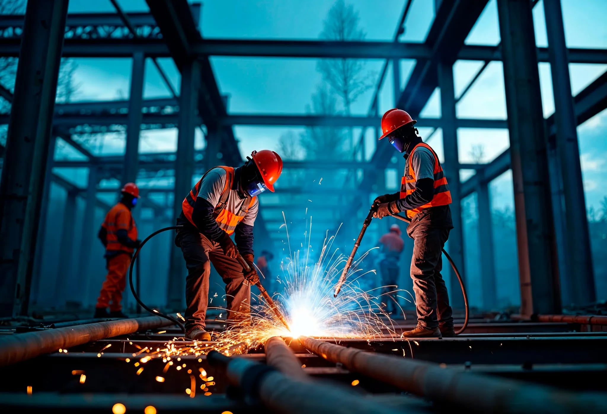 Ironworkers welding steel beams, sparks flying against a dark structure