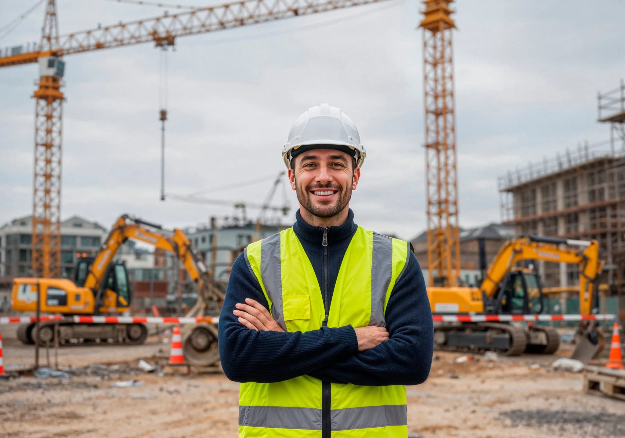 A confident site engineer in a hard hat and hi-vis vest on a job site